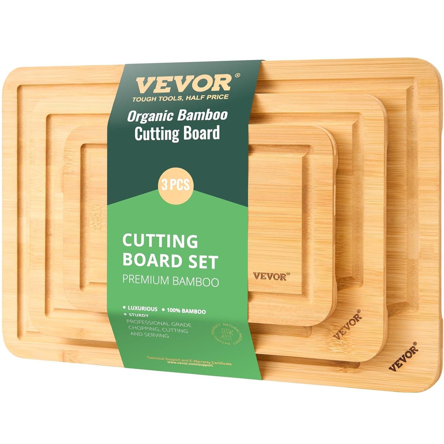 VEVOR Tábua de cortar 3 peças tábua de cortar bambu versátil com ranhura para óleo qualidade alimentar tábua de cortar resistente com pega incorporada adequada para exibir, cortar, servir