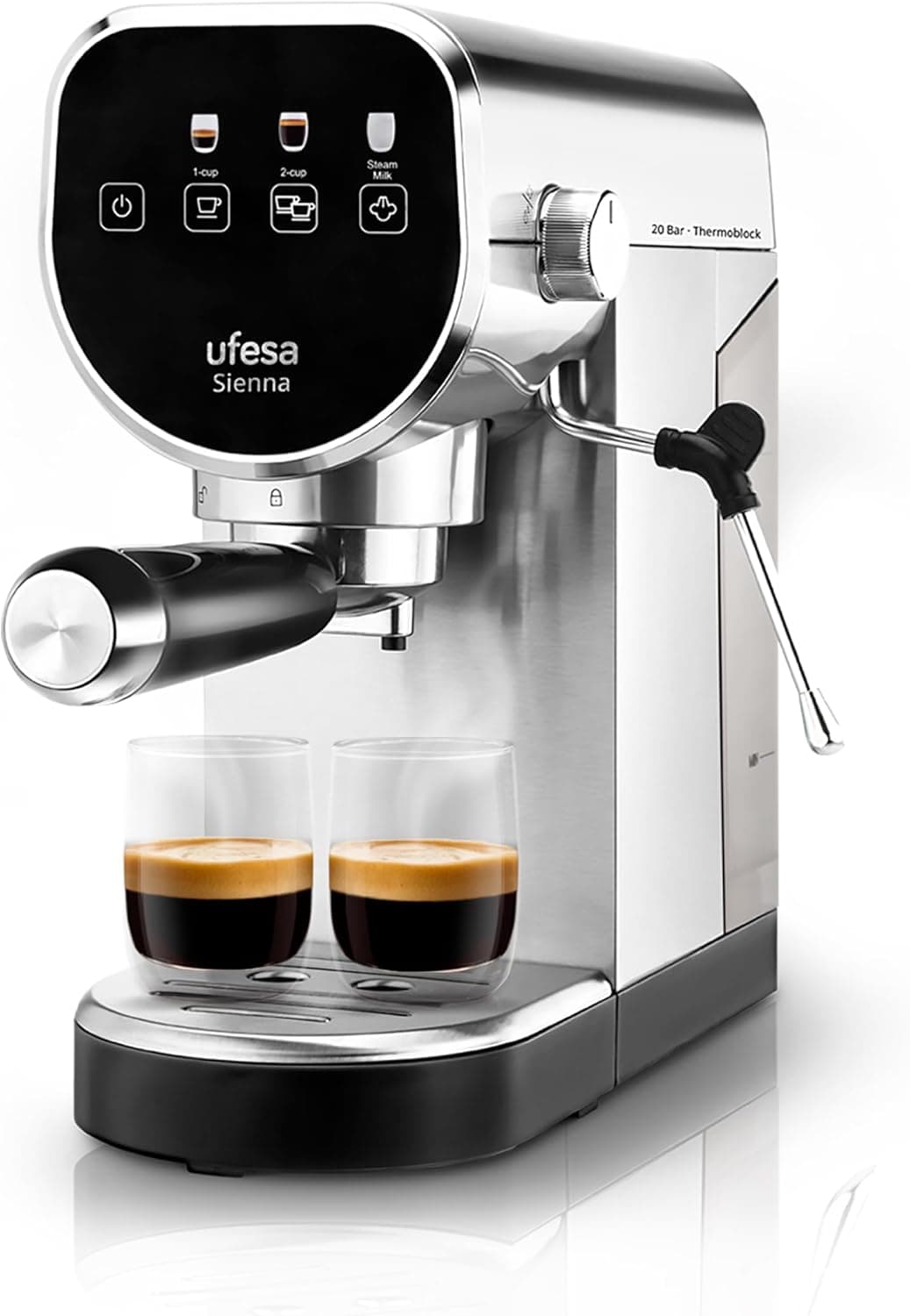 Ufesa Sienna Cafeteira expresso e cappuccino, pressão de 20 bares, painel de toque digital, 1360 W, vaporizador orientável, 0,9 l, 1 ou 2 cafés, função de aquecimento canecas, sistema Thermoblock