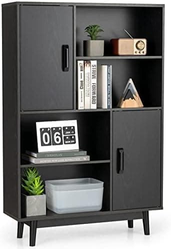 COSTWAY | Estante de madeira com 2 portas e 4 prateleiras abertas, 80 x 24 x 120 cm