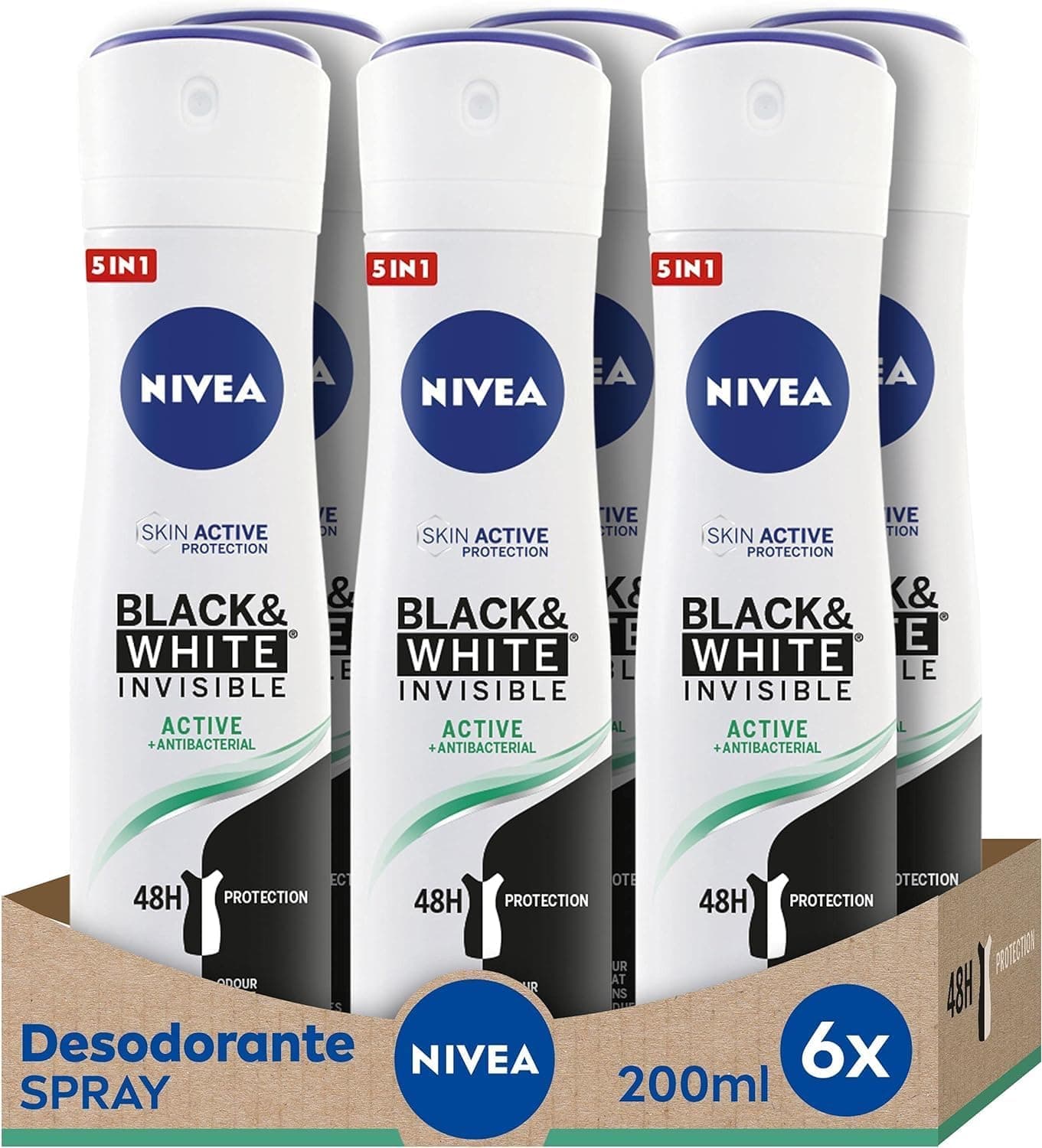 NIVEA Black & White Invisível Active Spray, 200 ml x 6