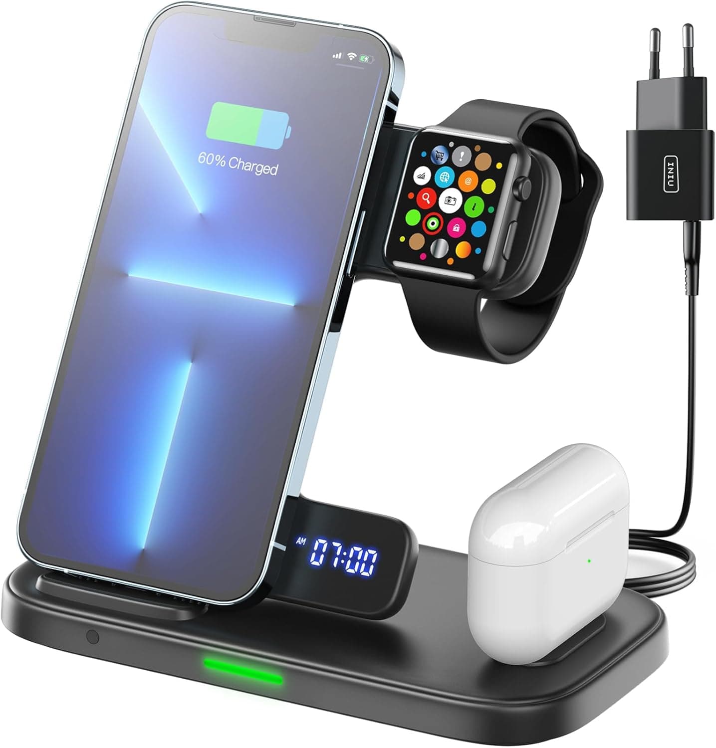 INIU Estação de carregamento, base carregador sem fios 3 em 1 para iPhone e Apple Watch, AirPods, carregador Qi Magsafe com adaptador USB-C de 25 W e cabo incluídos