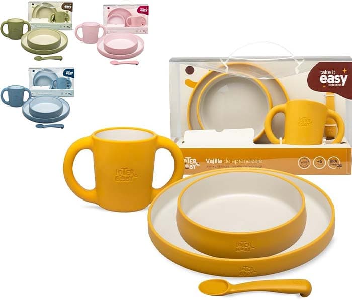 Conjunto de louça para bebé Interbaby | Conjunto de louça infantil 5 peças prato raso, Bo, colher, garfo e copo anti-gotejamento, adequado para micro-ondas e máquina de lavar louça, maiores de 6 meses