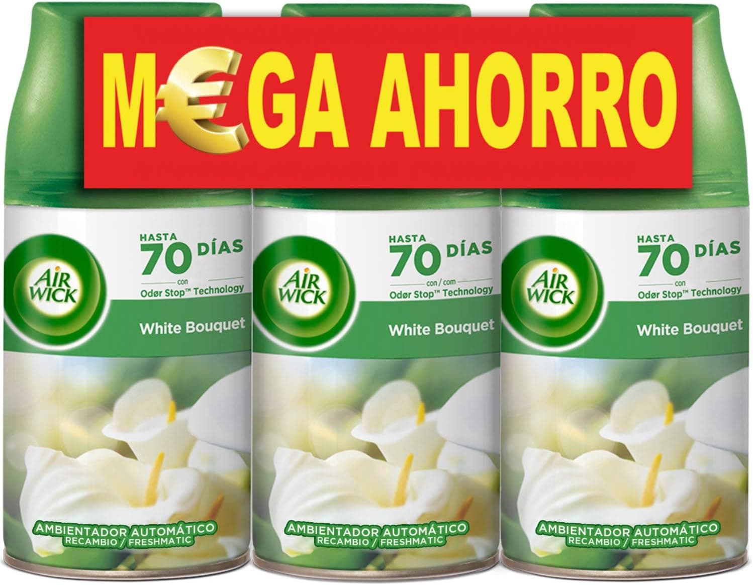 Air Wick Freshmatic Peças de reposição para ambientador em spray automático, essência para casa com aroma a White Bouquet - conjunto de 3
