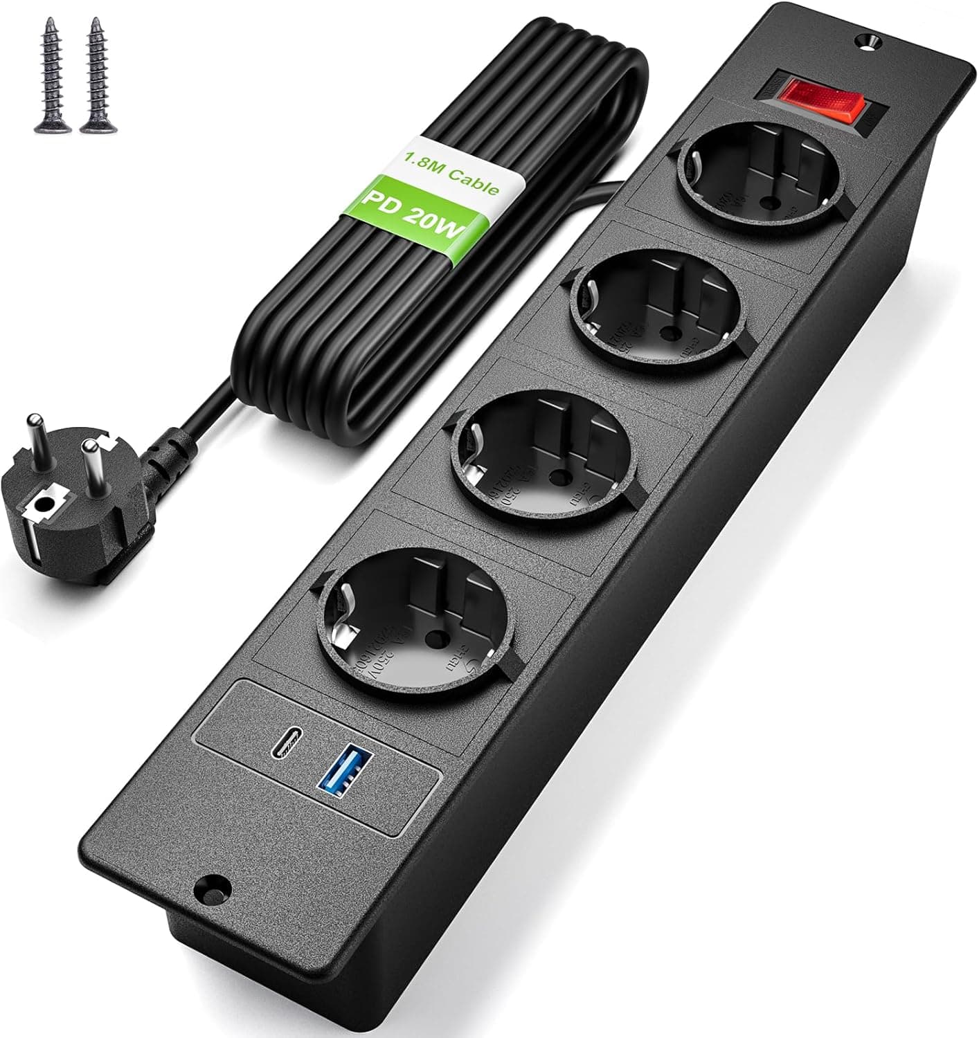 Tomada de mesa com USB C PD20W, tomada recarregável 4 tomadas com interruptor, tomada recarregável com USB para bancada, móveis, mesinha de cabeceira, cabo de 2 m, preto