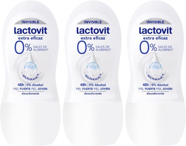 Lactovit Desodorante extra eficaz em rolo sem sais de alumínio, 0% álcool, anti-irritações e 48 h de eficácia, 50 ml x 3