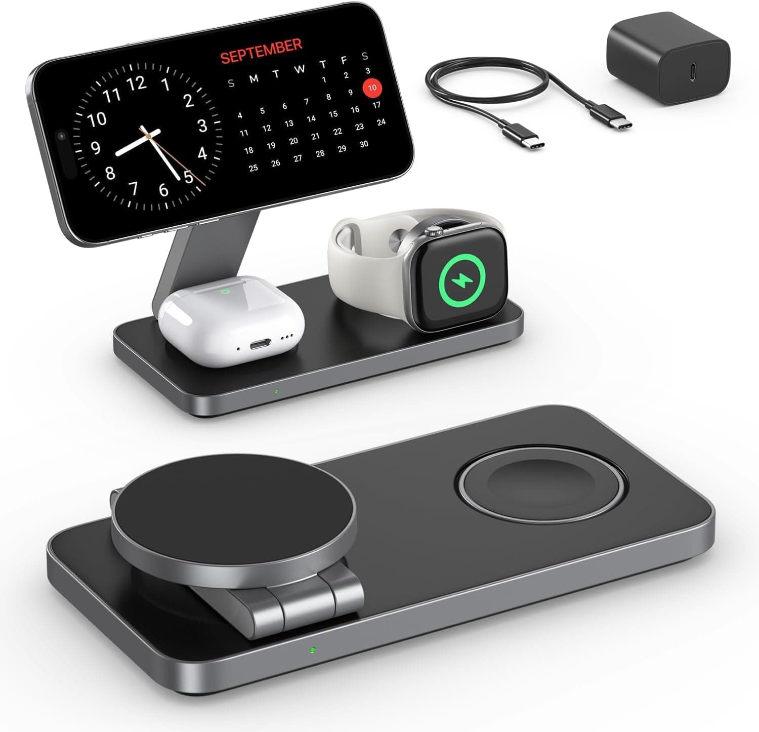KEEPRO | Carregador wireless dobrável 3 em 1 para iPhone Apple Watch e AirPods Pro com adaptador rápido