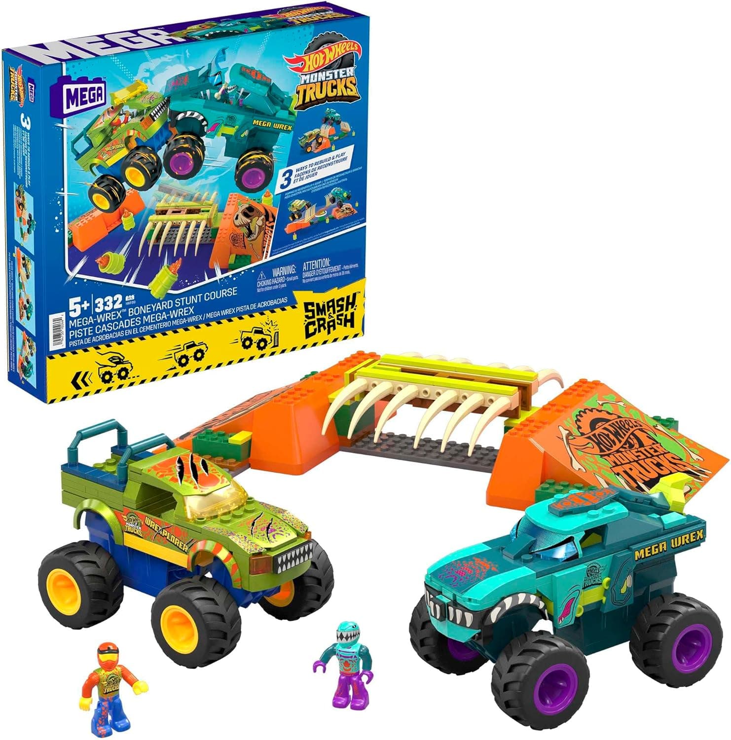 Mega Construx Hot Wheels Monster Trucks pista mega Wrex Smash & Crash 2 carros de brinquedo de blocos de construção, brinquedo + 5 anos (Mattel HKF89)