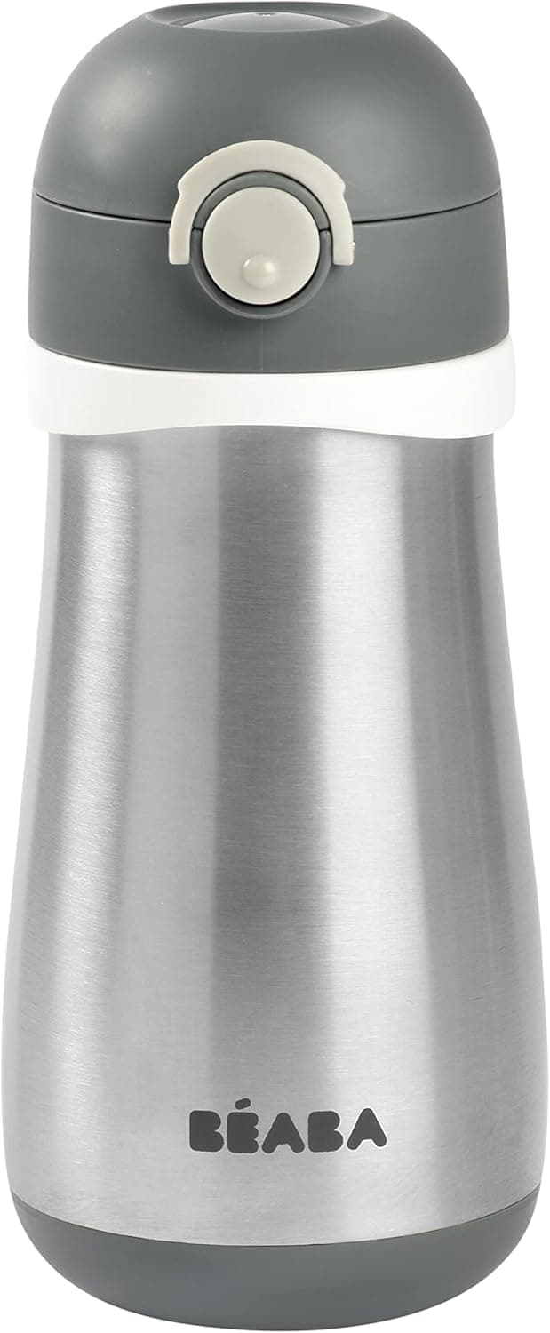 BÉABA, Cantimplora infantil de aço inoxidável 2 em 1, função cantila/copo, botão de pressão para facilitar a abertura, sólido, saudável, alças removíveis, conservação de frio/calor, 350 ml, mineral