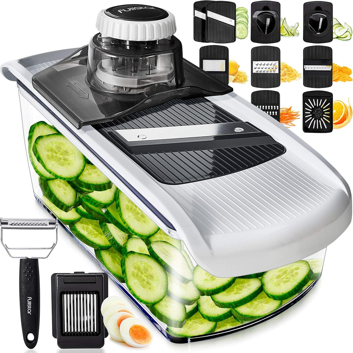 Multifuncional Bandolim de Cozinha Profissional 11 em 1 - Cortador e Ralador de Legumes, Batatas, Tomates, Pepinos, Queijo e Frutas, Branco