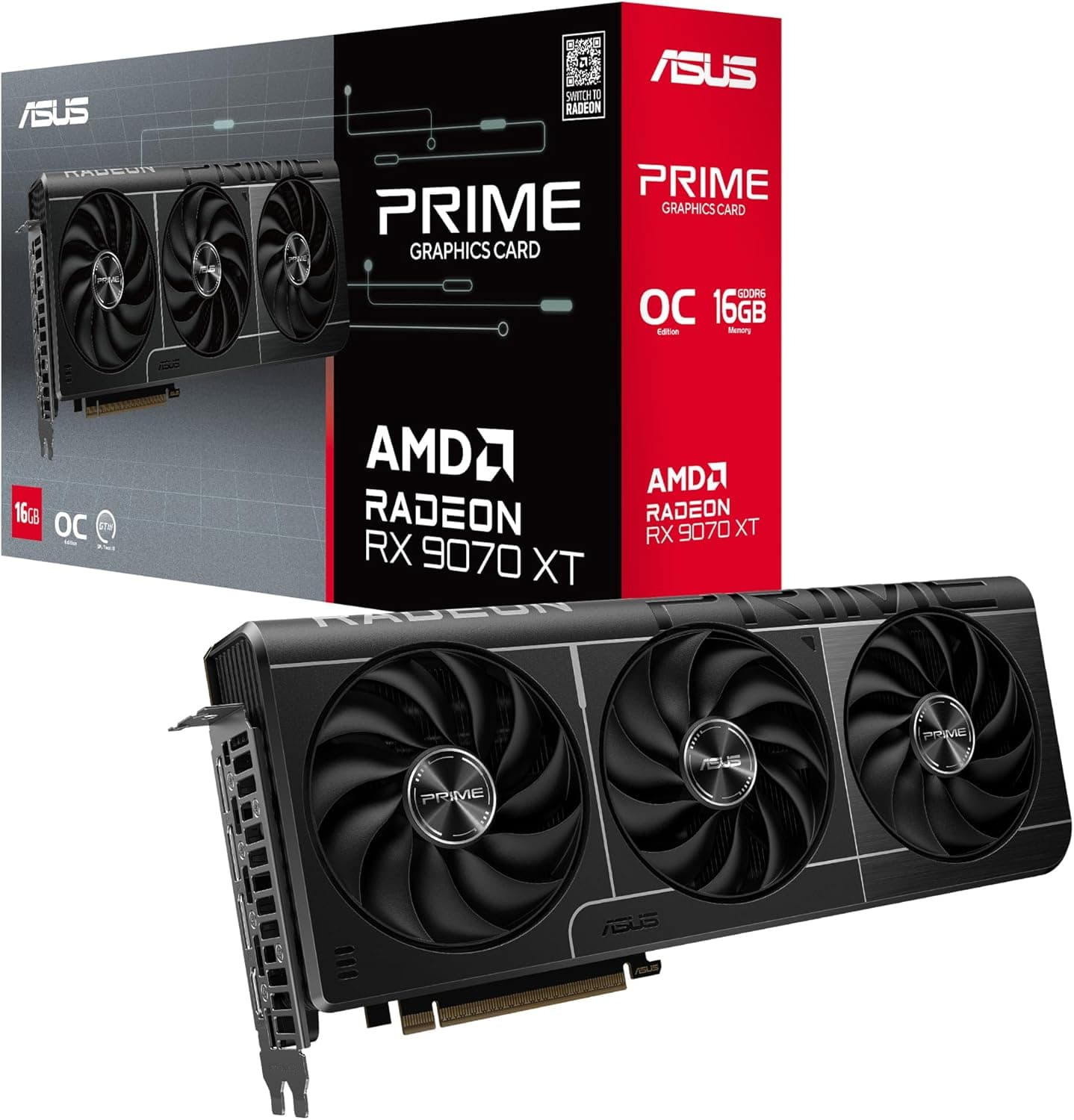 ASUS Prime Radeon RX 9070 XT OC Edition, placa gráfica (PCIe 5.0, HDMI/DP 2.1, design de 2,5 ranhuras, ventiladores axiais-Tech, rolamentos de ventilador de bola dupla, BIOS duplo, GPU Guard)