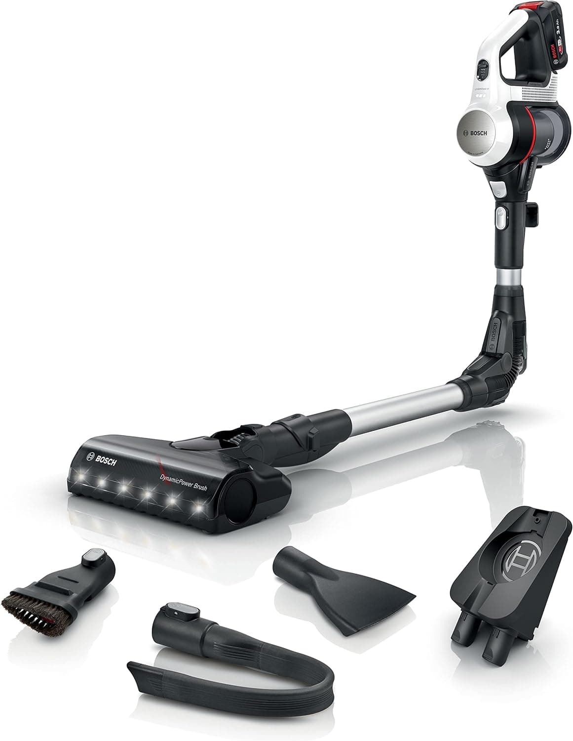 Bosch - Aspirador sem cabo Unlimited 7, pacote de bateria de 3,0 Ah, tubo flexível, design leve, acessórios, luzes LED, branco BBS711W