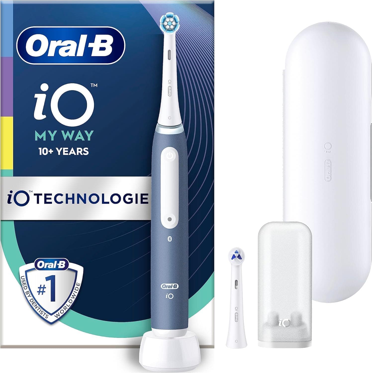 Oral-B iO My Way - Escova de dentes elétrica a partir de 10 anos, 4 modos de escovagem para cuidados dentários, cabeça extra para ortopédicos, 1 estojo de viagem, desenhado por Braun, azul oceano