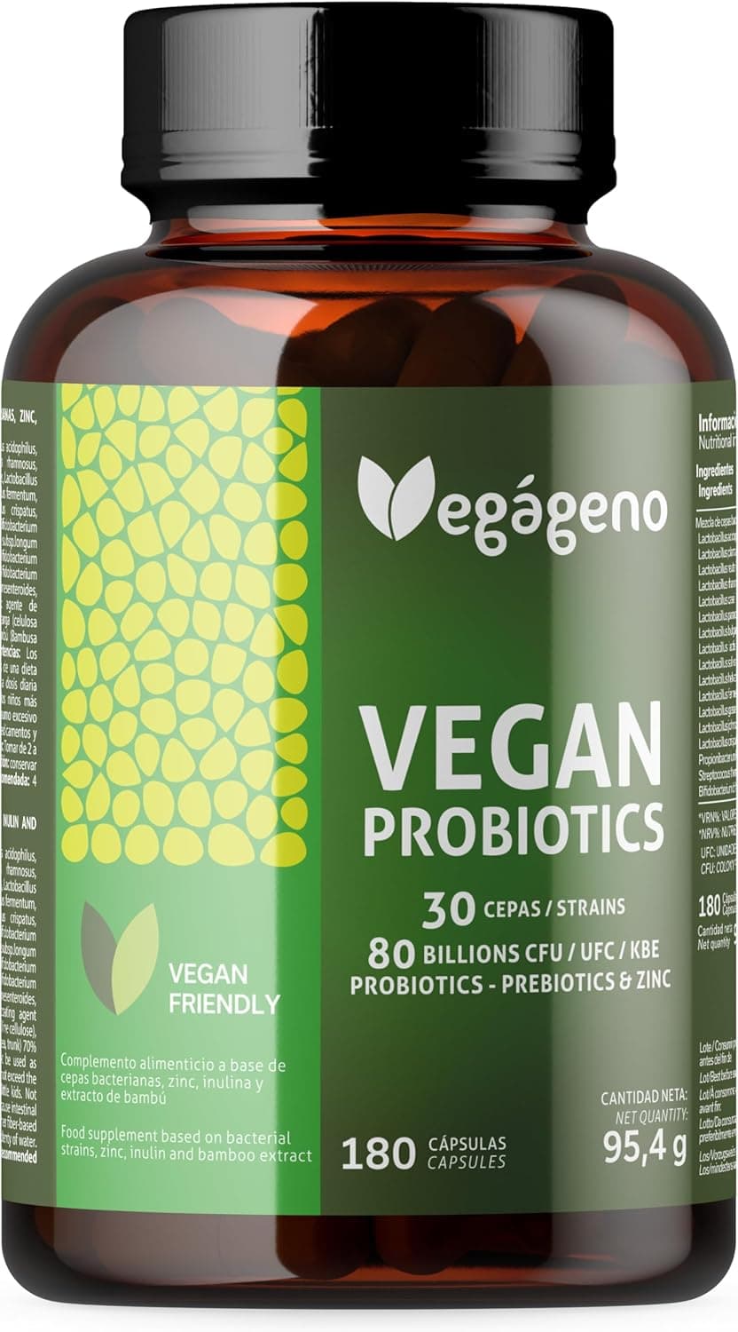 Vegágeno Probióticos e prebióticos intestinais 180 cápsulas vegetais, 30 cepas bacterianas, 80 bilhões UFC - com zinco. Também probióticos mulher flora íntima. Adequado para veganos. Sem glúten