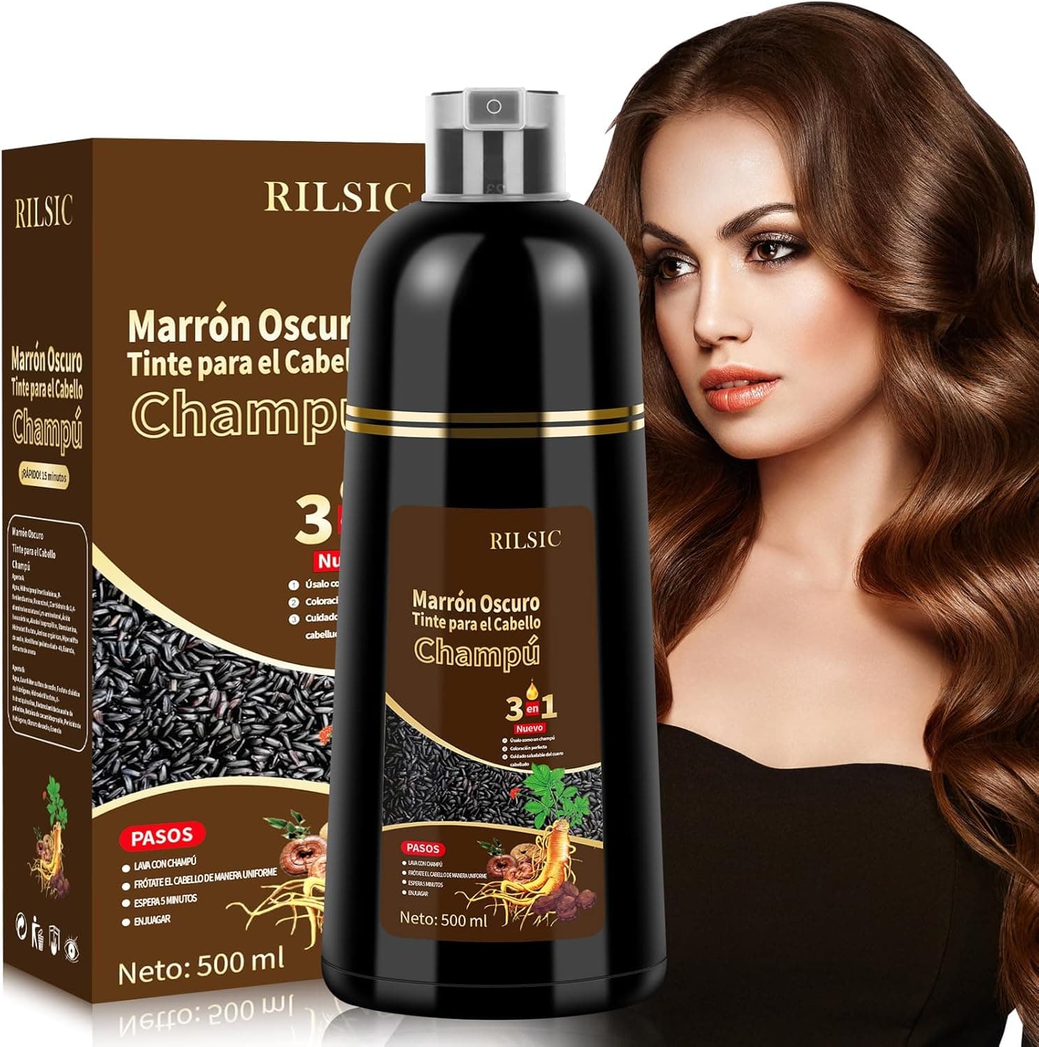 Champô tinta castanho escuro cobre canelas, 500 ml Hair Dye Shampoo 3 em 1, champô tinta de champô cabelos mulher homem, champô de cor tinta cabelo, tinta de cabelo instantâneo
