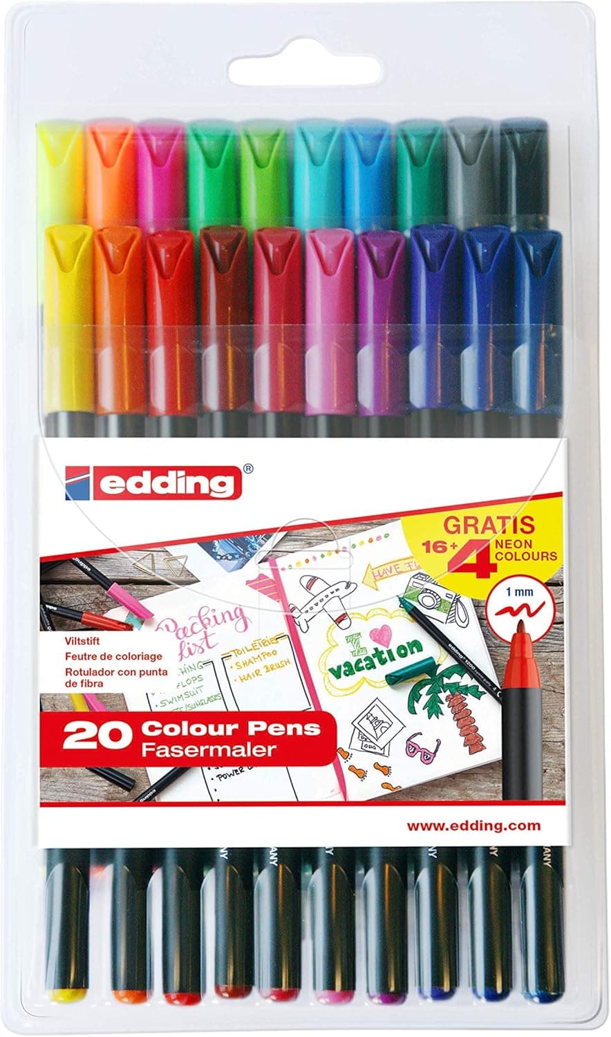 Edding E1200-20S - PACK com 16+4 ROT. 1200. 16 cores sortidas + 4 cores néon