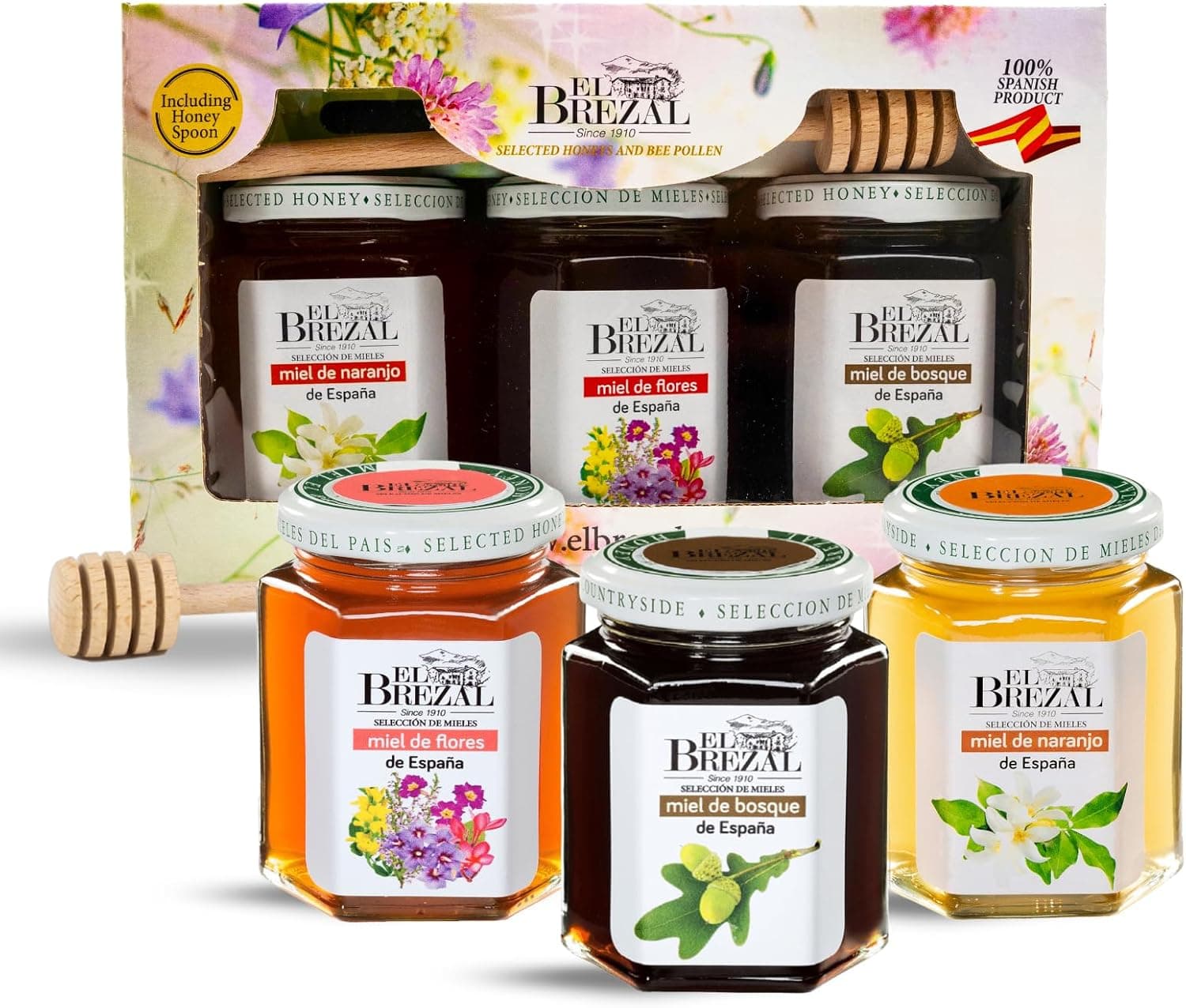 El Brezal - Mel de flores, mel de laranja e mel de floresta - mel natural 100 % colhido em Espanha, pack presente sabores de Espanha com colher de madeira incluída (3 frascos de 250 g)