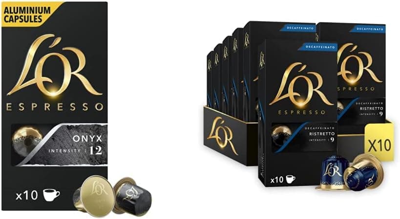L'Or Espresso café ônix intensidade 12 - 100 cápsulas de alumínio compatíveis com máquinas Nespresso (R) (10 embalagens de 10 cápsulas) e expresso registo caffeinato, 10 unidades (embalagem de 10)