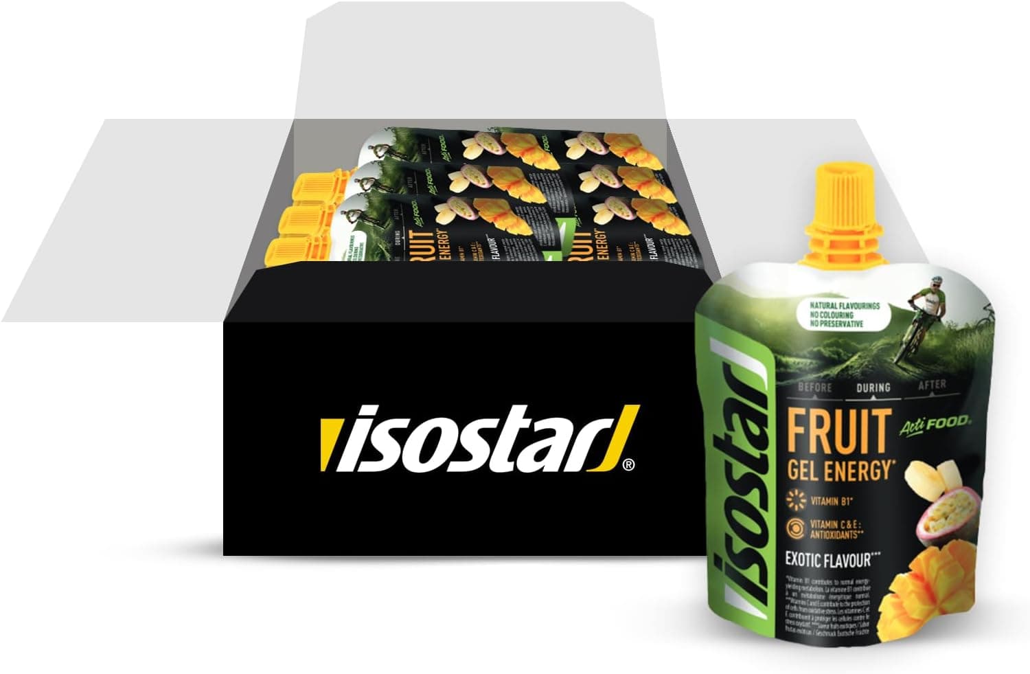 Isostar Actifood Gel energético, rico em vitaminas C, E e fonte de vitamina B1, sabor exótico, 90 g, 24 unidades