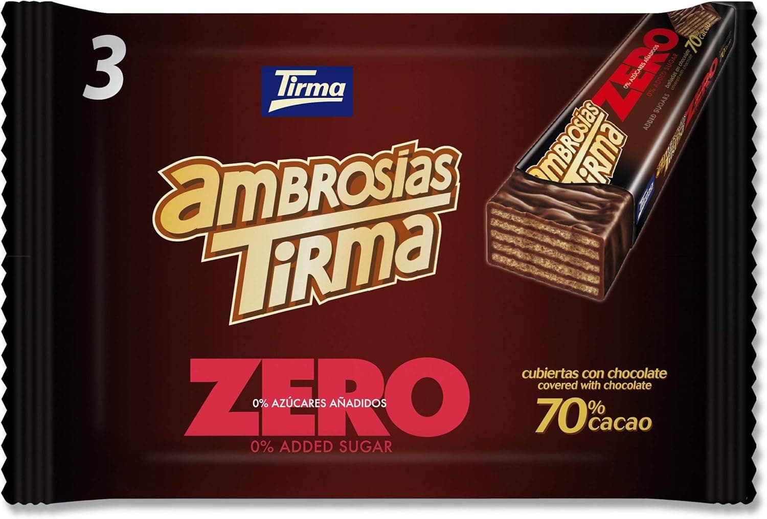Tirma Ambrosia de chocolate preto 70% | Chocolatinas sem açúcar adicionados, adequado para dieta Keto, barras de barbilhes com creme de cacau 70% | adequado para diabéticos, 3 unidades, 64,5 g