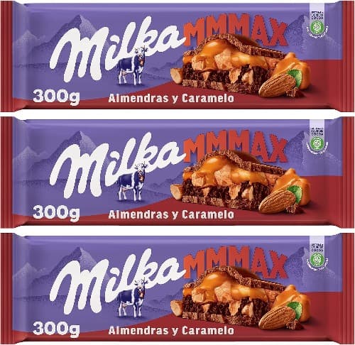 Milka MMMAX Comprimido grande de chocolate com leite dos Alpes com recheio de cacau e caramelo com pedaços de amêndoa caramelo e salgada 300 g x 3