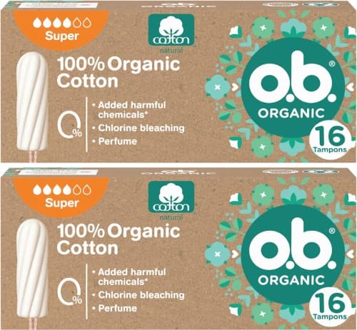 O. b. ORGANIC Tampões 100% algodão orgânico (1 x 16 unidades), tampões sem aplicador de absorção super, tampões descartáveis sem substâncias nocivas