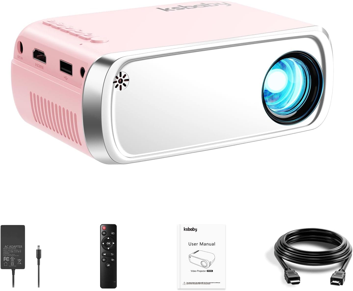 Projetor portátil, ksbaby projetor para exteriores, mini projetor de vídeo estético LED para filmes portáteis ao ar livre, compatível com HDMI, USB, computador, TV Stick, iOS e Android