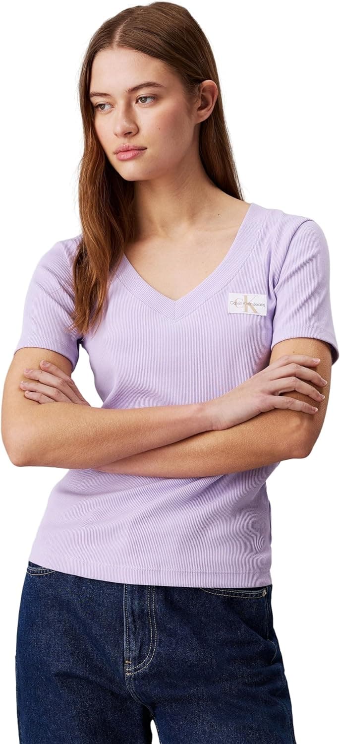 Calvin Klein Jeans T-shirt de manga curta mulher Woven Label Rib V-Neck decote em V
