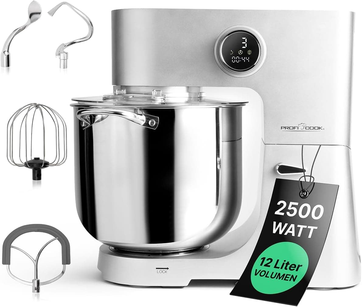 ProfiCook® Robô de cozinha XXL, tigela de 12 l, amassadora, motor 2500 W | engrenagem metálica, ecrã LED, robot de cozinha, para até 8,5 kg de massa, 13 velocidades | PC-KM 1254 aço inoxidável
