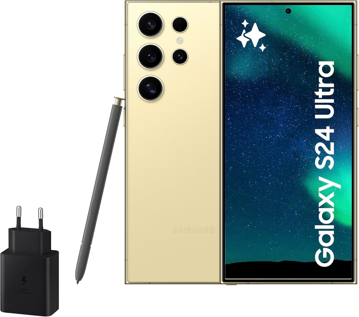 Samsung Galaxy S24 Ultra e carregador de 45W, telemóvel com IA, smartphone Android, 12 GB RAM, 256 GB de armazenamento, câmara 200 MP, S Pen, bateria longa duração, amarelo titânio