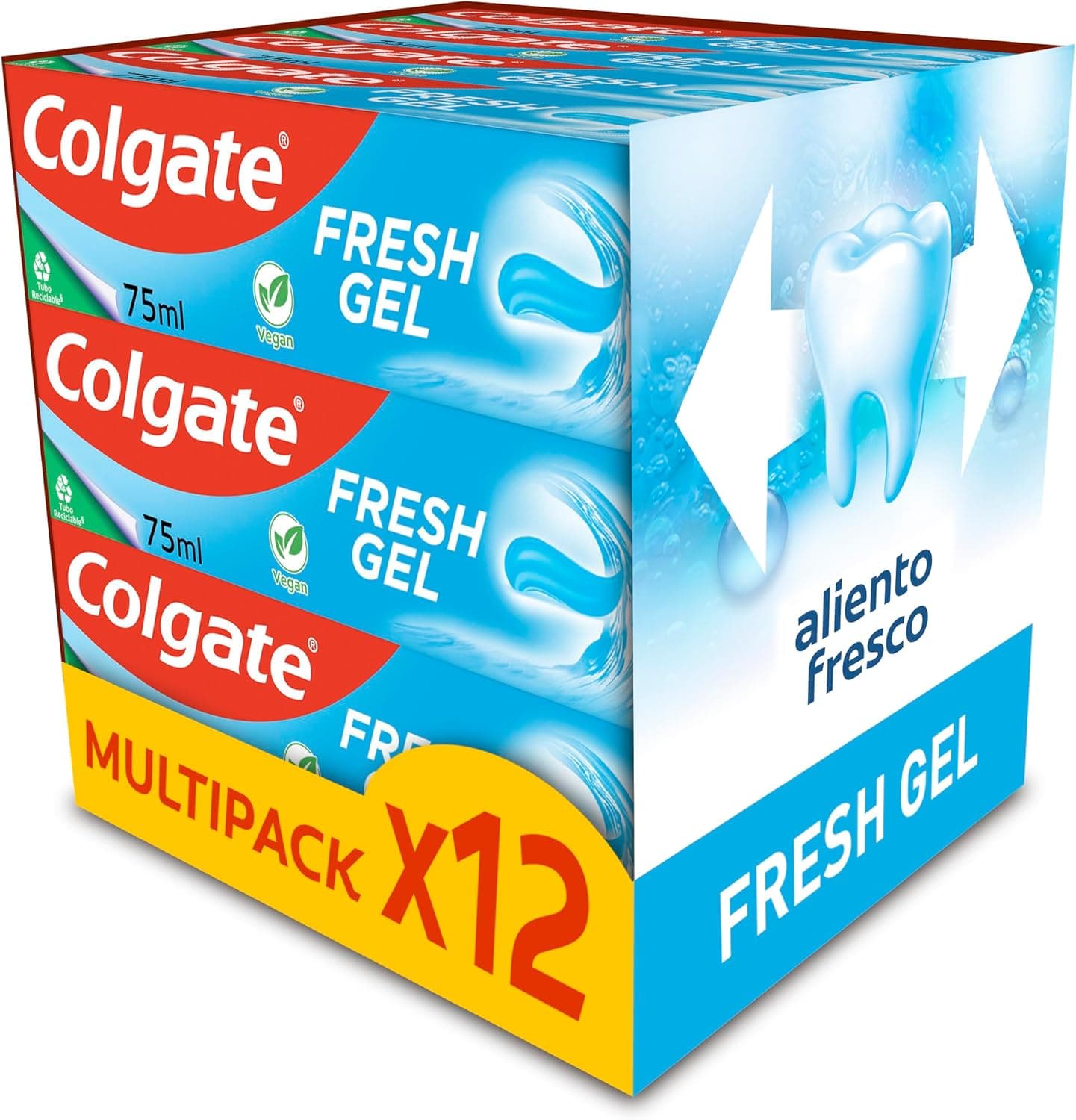 Colgate Fresh Gel pasta de dentes com fluor, pack de 12 unidades x 75 ml, dentrífico com proteção contra a cárie, esmalte saudável e forte, hálito fresco, uso diário, sabor de menta refrescante
