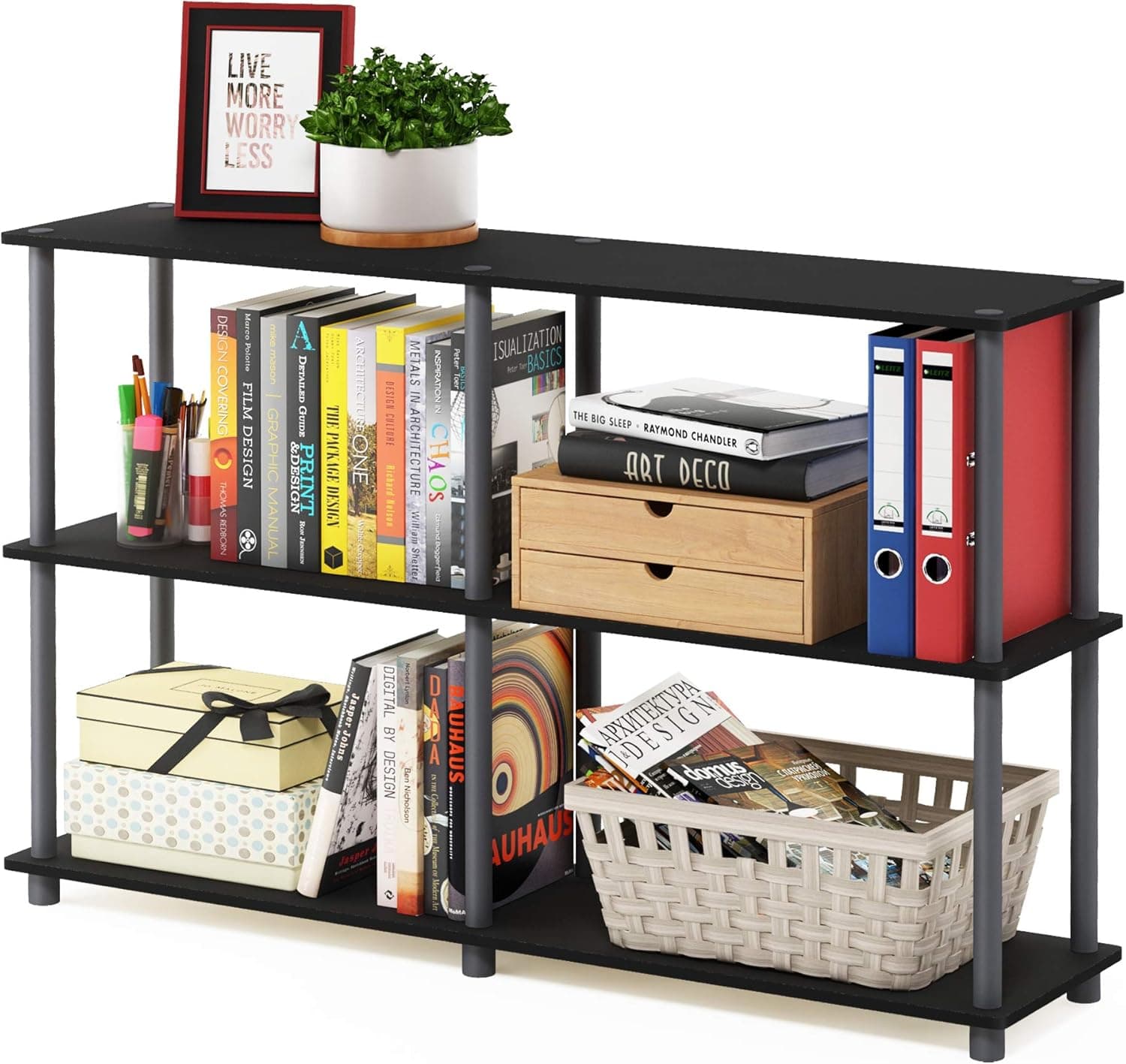 Furinno Turn-N-Tube | Estante de armazenamento de 3 níveis em preto e cinzento 119,8 x 29,5 x 74,9 cm