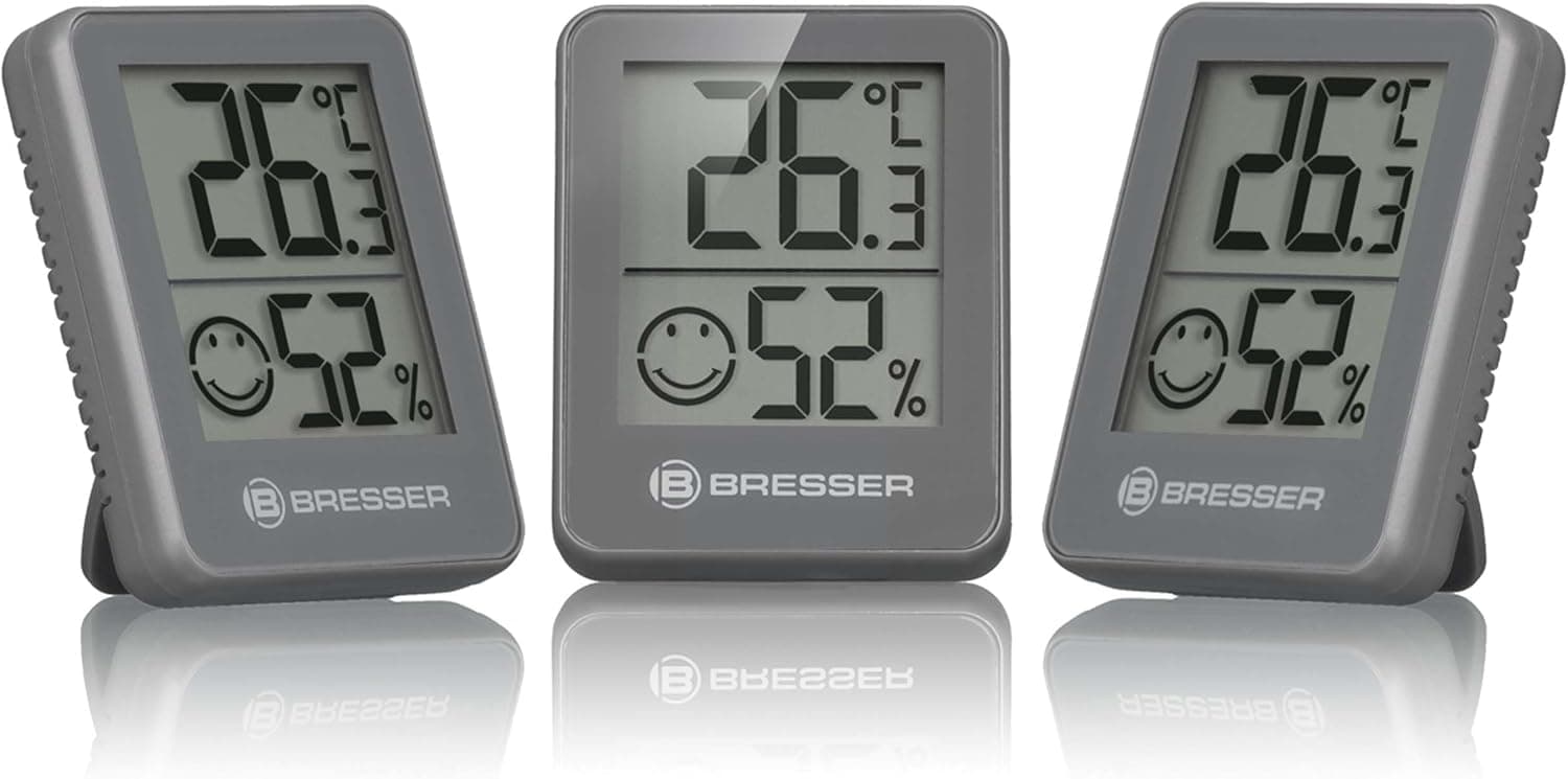 Bresser Temeo Termómetro, higrómetro, conjunto de 3 higroindicadores para colocar em pé ou na parede com indicador de temperatura interior, cinzento 