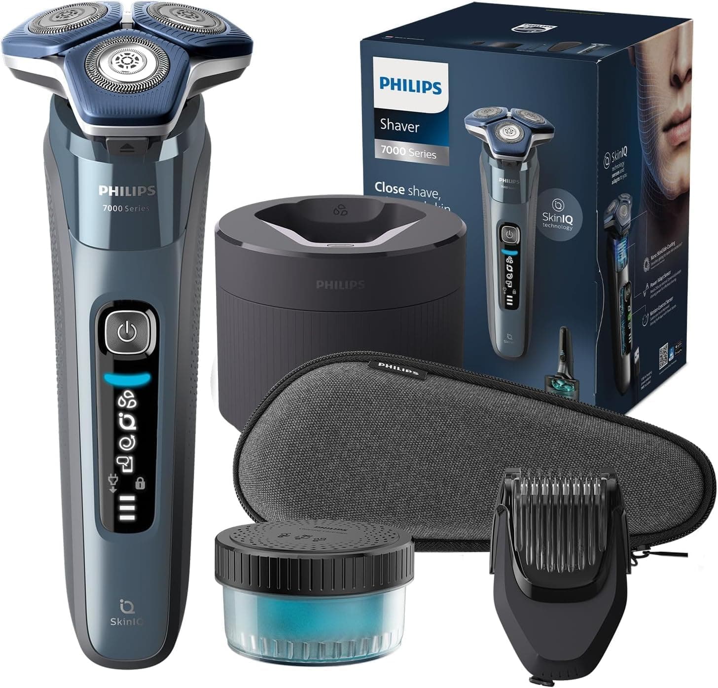 Philips Série 7000 Máquina de barbear elétrica para homem, máquina de barbear com barbeiro, 45 lâminas, para pele sensível, 60 min de uso, seco e húmido, recarregável, centro de limpeza, S7882/54,