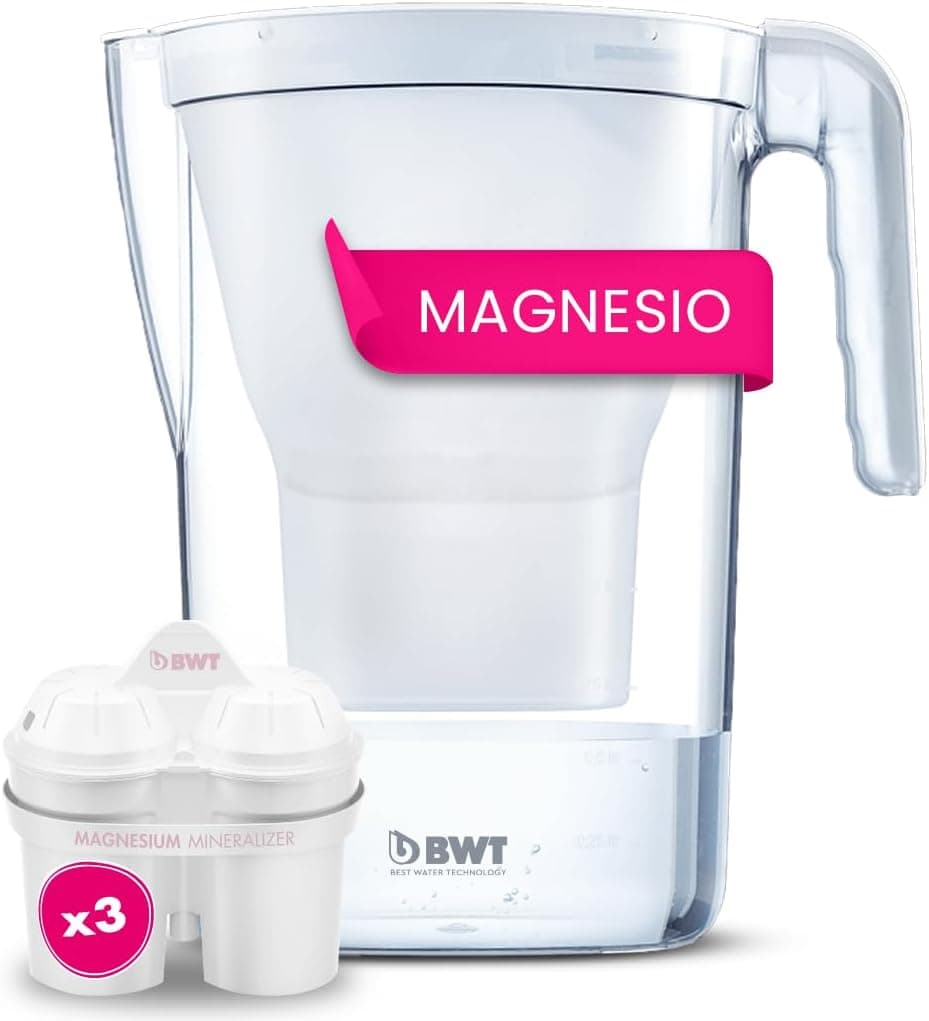 BWT Filtro de água 2,6 L + 3 filtros com magnésio, modelo vida contador manual para três meses, enchimento automático sem abrir tampa, reduz cloro, cal e impurezas