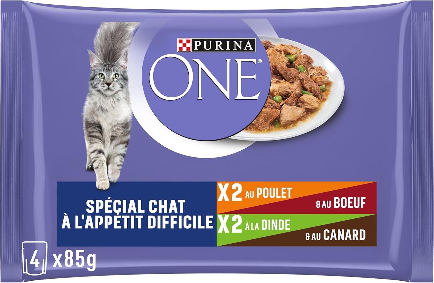 Purina One - Alimento especial em molho de vitela/frango/pato e peru para gato com apetite difícil, 4 x 85g