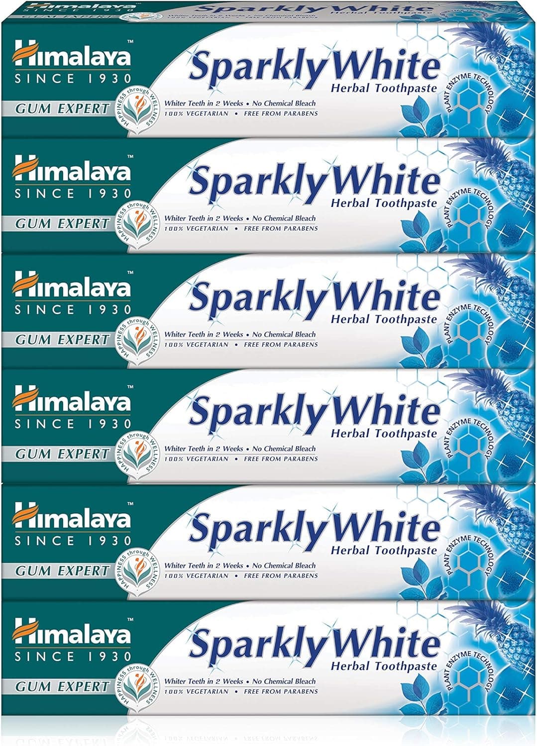 Himalaya Herbals Sparkly White Herbal Vegetarian Toothpaste para clareamento de dentes com remoção avançada de placa bacteriana | Anti-inflamatório 12 horas de proteção contra germes - 75 ml (embalagem de 6) 