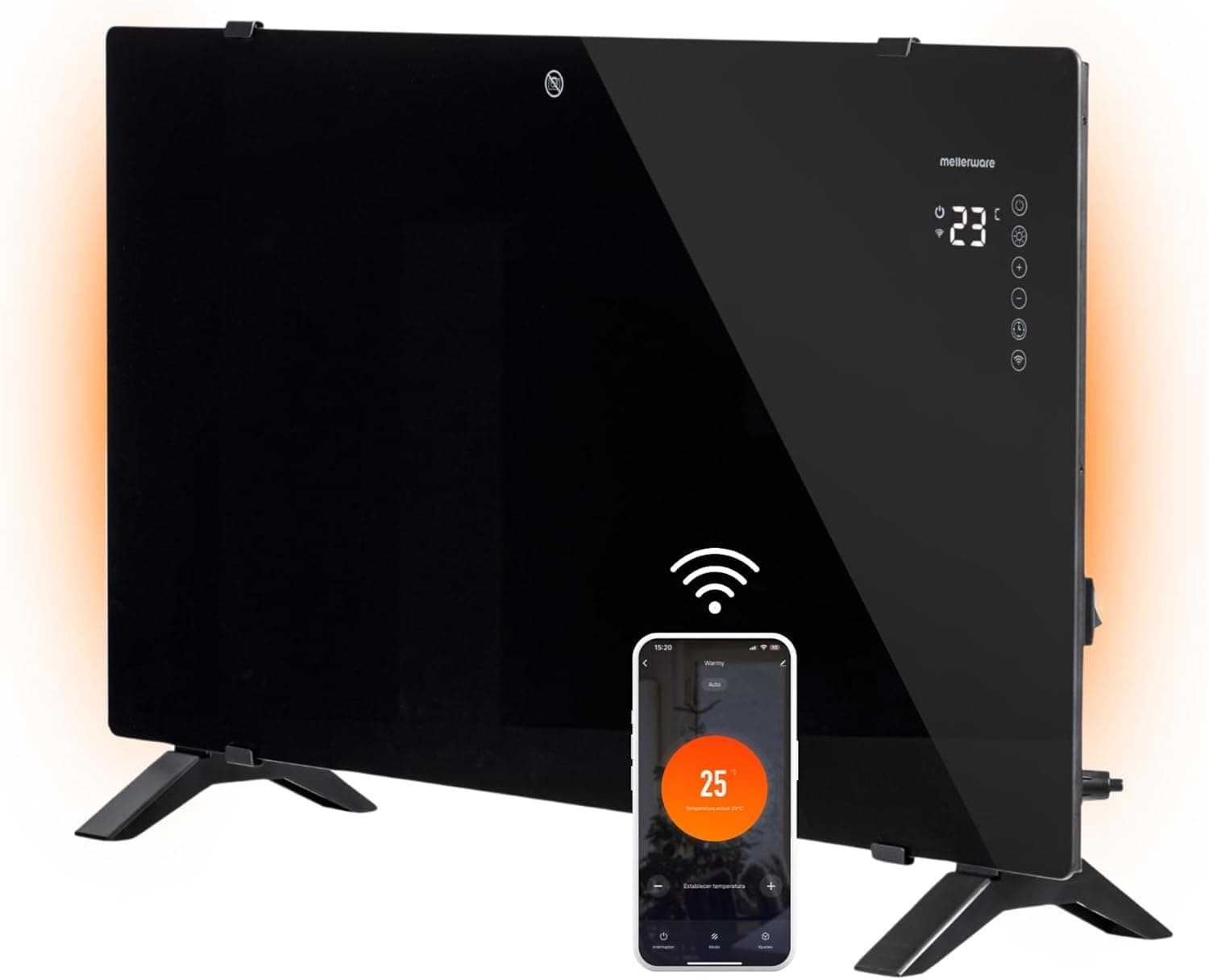 Mellerware - Radiador elétrico WIFI de baixo consumo de cristal Warmy 2000W | 4 modos de funcionamento | 0-45 ºC | suporte de chão / parede | temporizador programável 24h | 81 x 48 x 21 conector