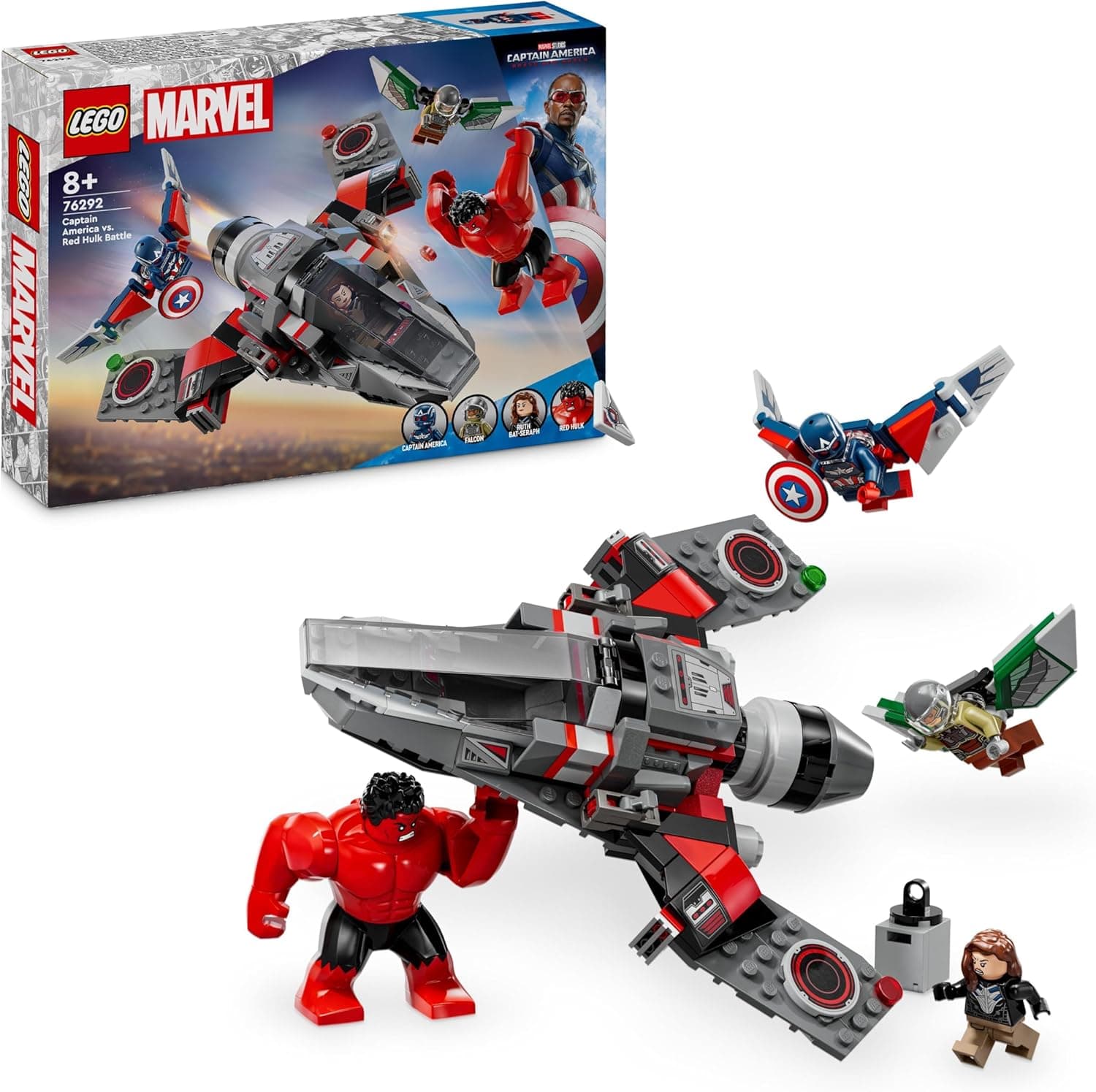 LEGO Marvel Batalha entre o capitão América e Hulk vermelho, avião caça a reação de brinquedo para meninos e meninas de 8 anos ou mais, brinquedos de super-heróis com figuras de falcão e Ruth