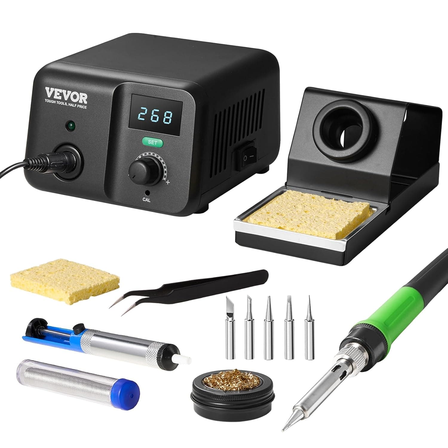 VEVOR Kit de estação de soldagem com ecrã digital de 70 W, controlo de temperatura de 50 a 500 °C e transformador incorporado, modo de espera e suspensão automáticos, 195 x 160 x 110 mm, preto