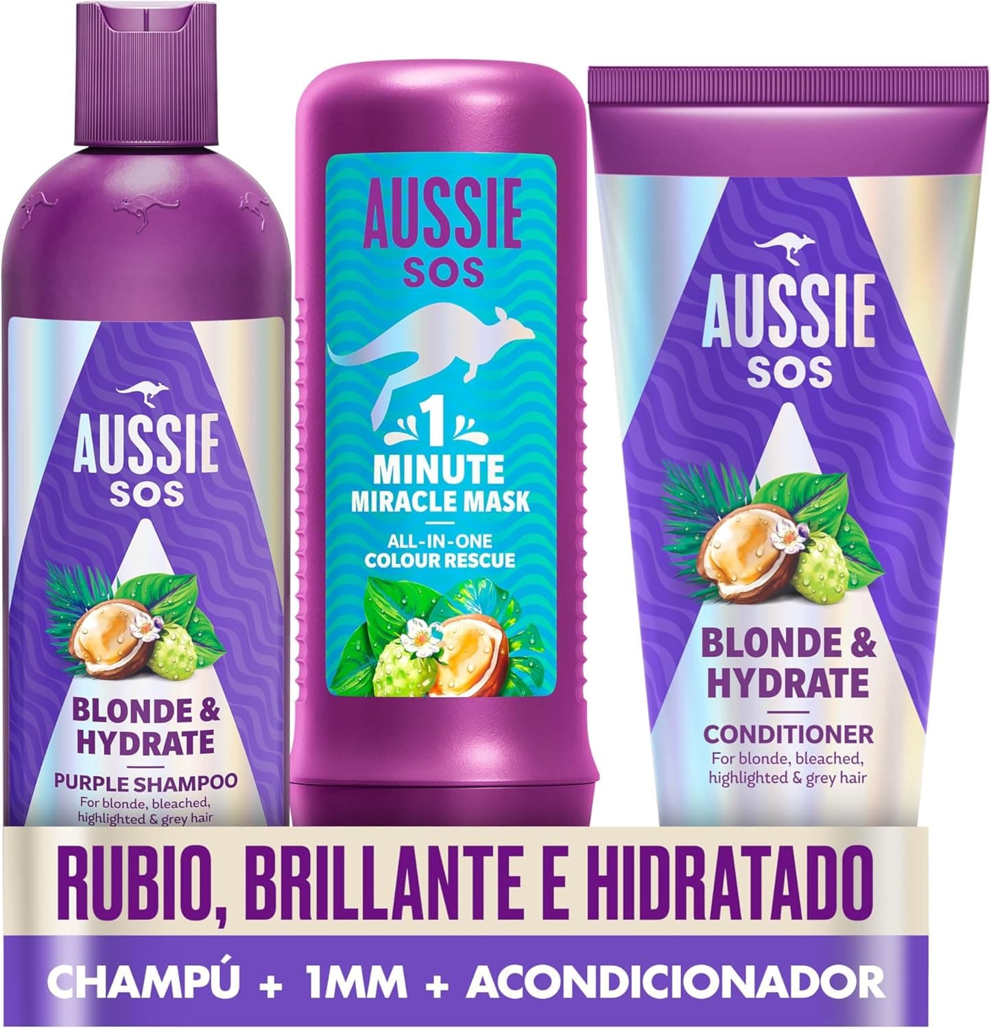 Aussie PACK ESPECIAL: SOS Blonde & Hydrate champô roxo 300 ml Aussie SOS Blonde & Hydrate condicionador 200 ml Aussie SOS 1 Minute Miracle All In One Colour Rescue máscara 250 ml