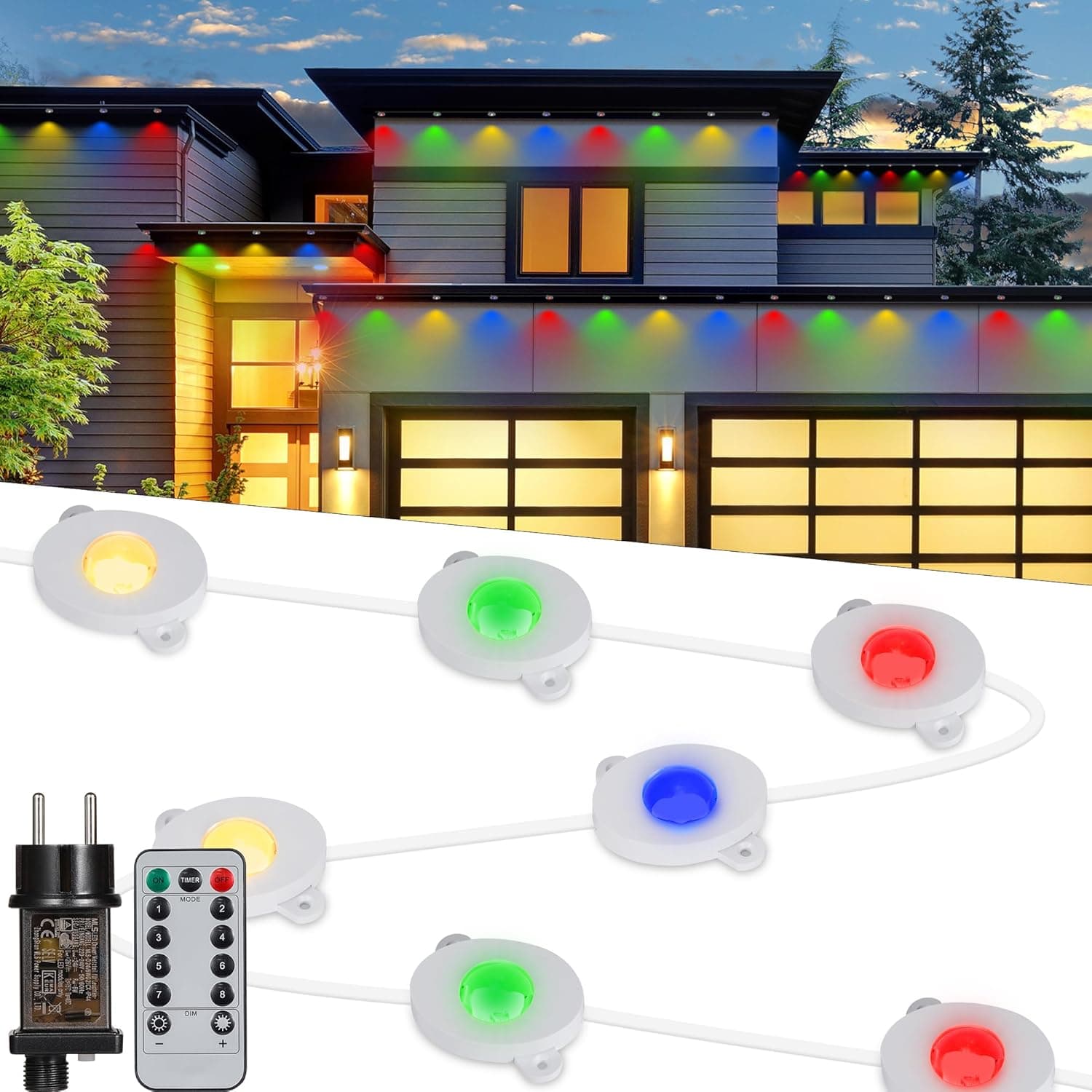 Tacobey Luzes de beirais de Natal exteriores, 15 m 36 LED grinalda luzes multicoloridas com controlo remoto, 8 modos, impermeável, conectável, luzes de beirais de Natal interior