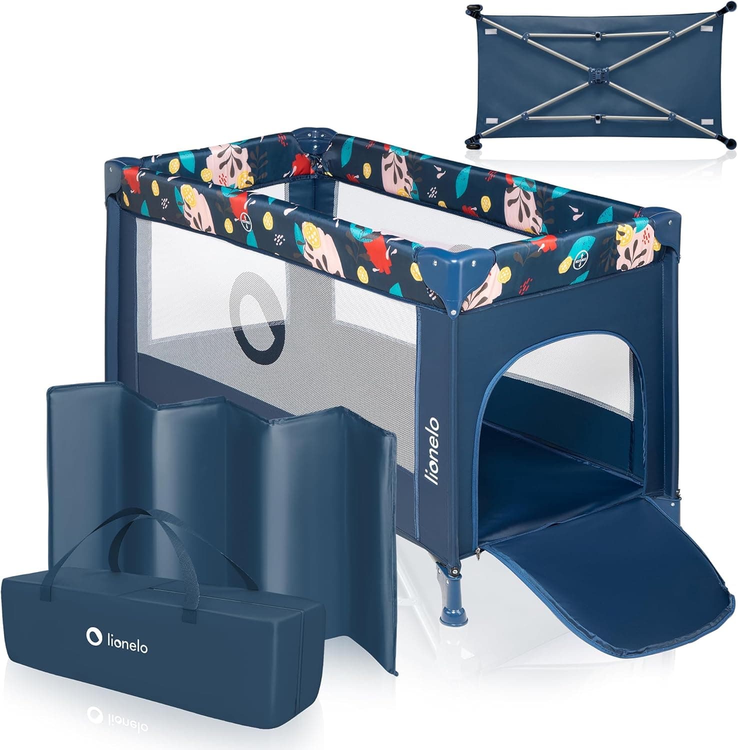 lionelo Stefi Berço bebé parque infantil bebé abertura lateral tapete proteção contra o dobramento LockGuard lados de tecido de malha saco de transporte, azul escuro, 126 x 67 cm x 73 cm
