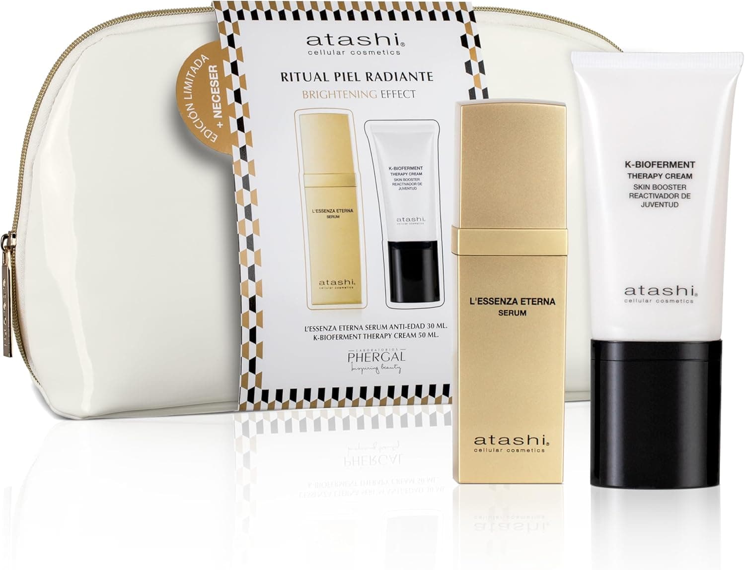 Atashi | Ritual pele radiante, Sérum anti-idade L'Essenza Eterna K-Bioferment Therapy Cream + Neceser de couro branco de presente | Rejuvenesce e evitaliza a sua pele, 30 ml + 50 ml