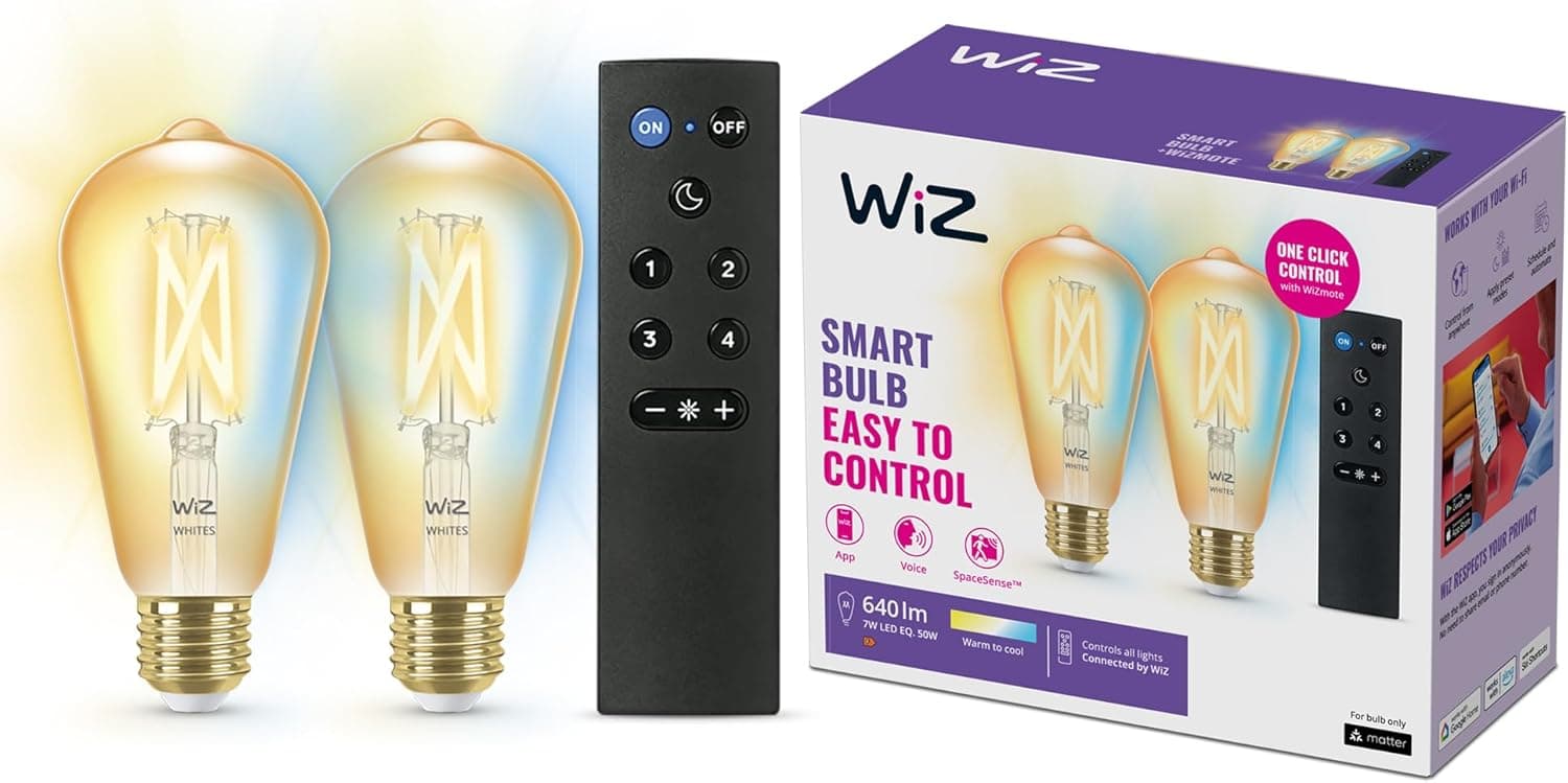 WiZ - Lâmpada LED inteligente Wi-Fi 6,7 W (Eq. 50 W) ST64 Tampa E27, filamento âmbar, luz branca regulável, com tecnologia SpaceSense e compatível com Alexa e Google Home