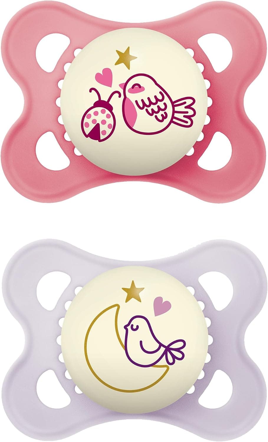 MAM Original | Chupetas que brilham no escuro para bebés dos 2 aos 6 meses com tetina de silicone e caixa autoesterilizadora, rosa mate, 2 unidades