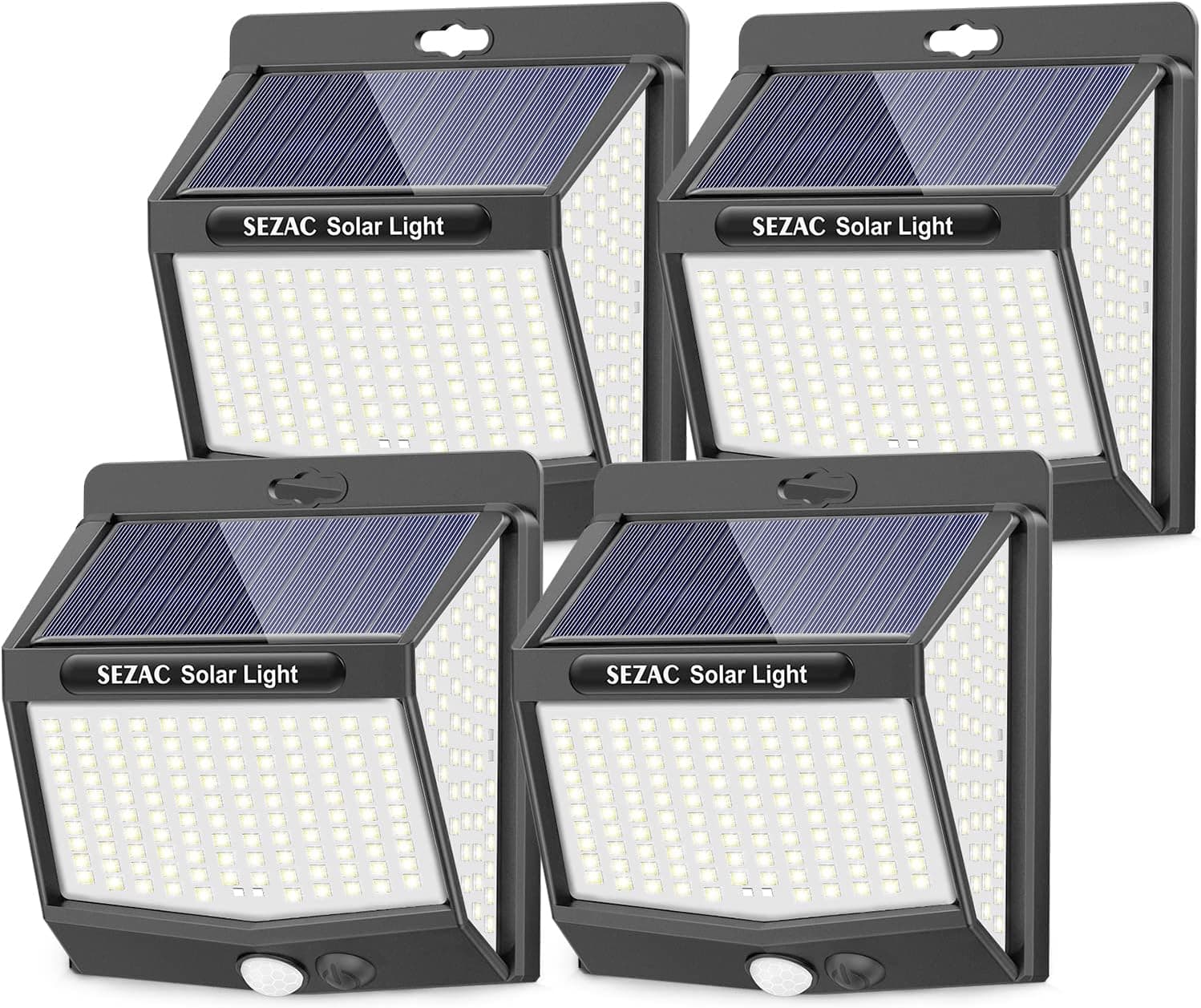 SEZAC Luz solar exterior [4 pacotes/3 modos] 270° super brilhantes holofotes LED exteriores solares com sensor de movimento, IP65 luzes solares LED exterior jardim para garagens, caminhos, portas