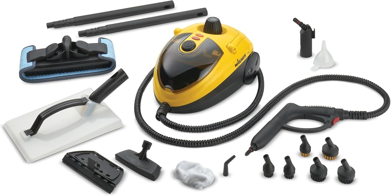 WAGNER Power Steamer 915 E, limpeza a vapor multifuncional com 18 acessórios, pressão 3,5 bar, tempo de vapor aprox. 40 minutos, 1,2 l capacidade do reservatório, 2,4 m comprimento da mangueira, 1500
