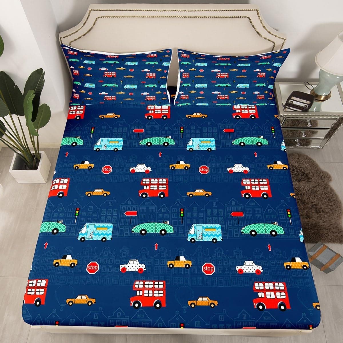 Homewish | Lençol ajustável infantil com desenho de carros coloridos para cama de criança 90 x 190 cm