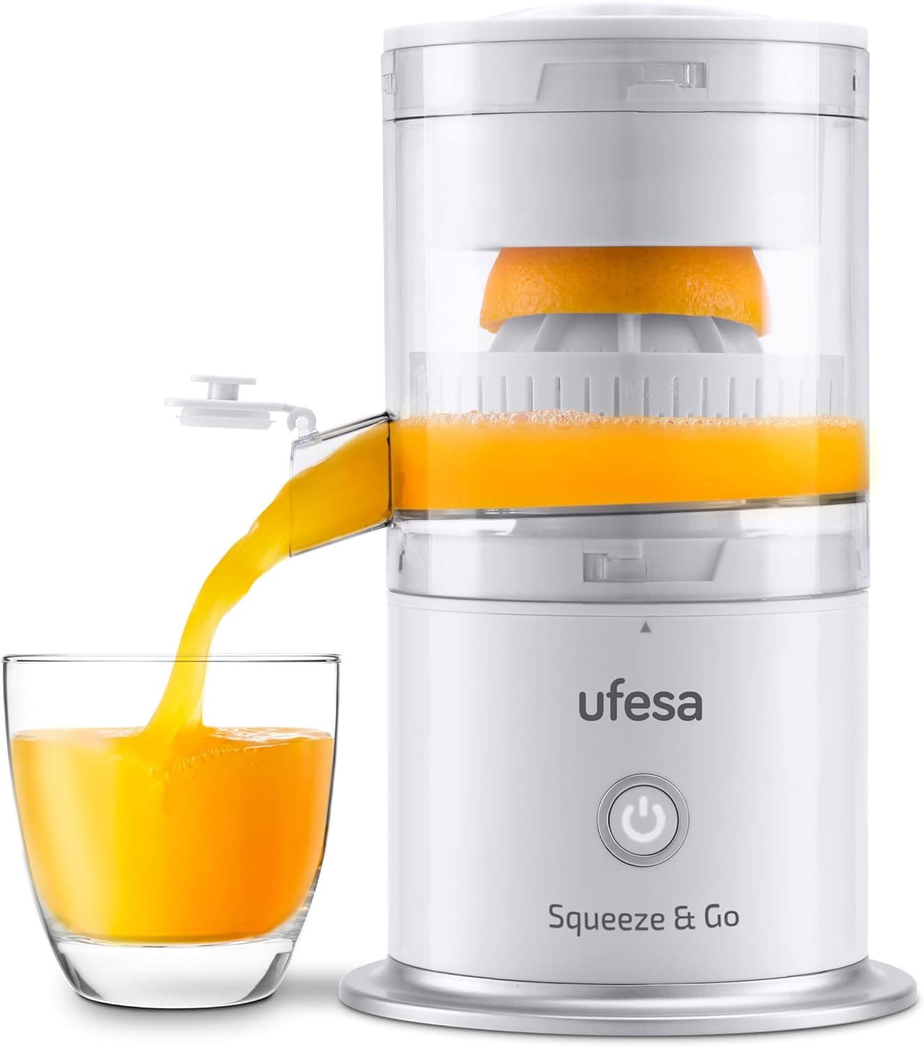 Ufesa Squeeze & Go White, espremedor sem fios elétrico recarregável, portátil, extrator de nutrientes para frutas multifuncionais, carregamento USB, capacidade de 220 ml, sem BPA, sem BPA