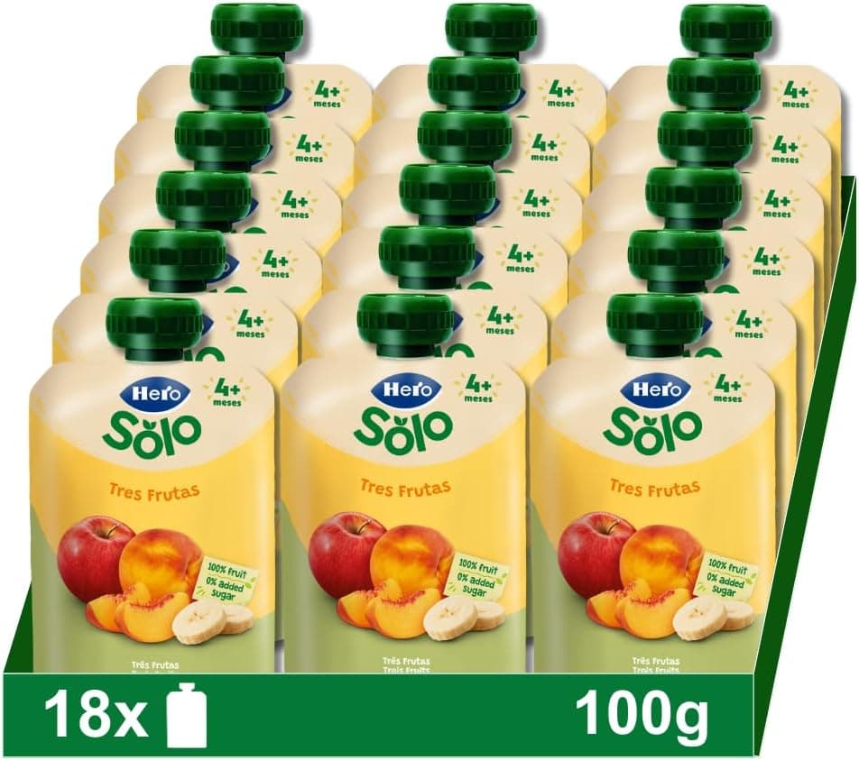 Hero Baby Três Frutas | Puré de pêssego maçã e banana para bebés a partir dos 4 meses sem adição de açúcar 18x100 g
